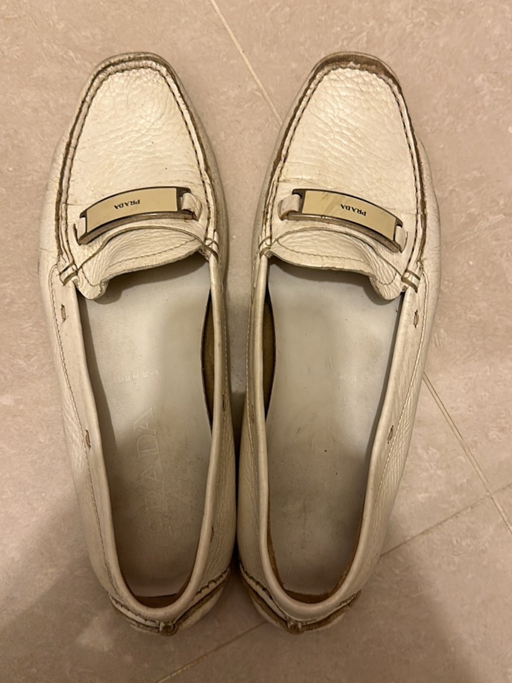 Prada white Cream Leather Loafers with white Plaque